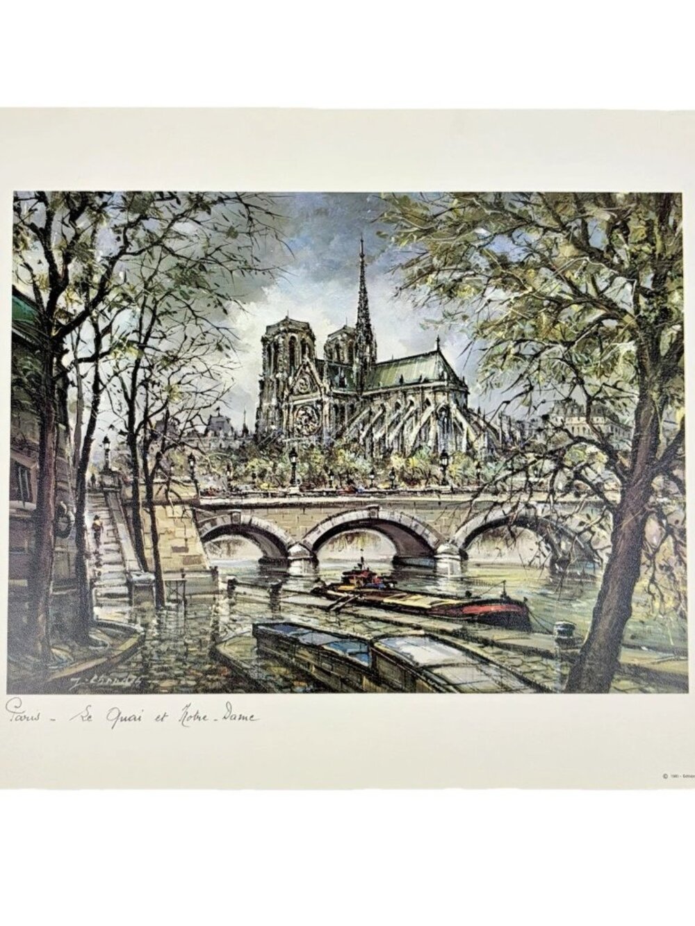 Vintage 1980 Jacques Chardon Art Print Notre Dame Paris France 17.75 x 14.25”